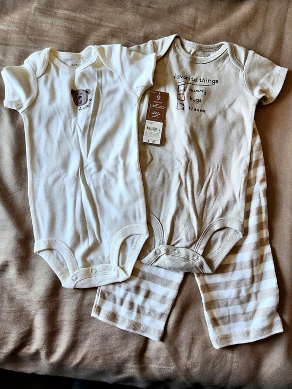 Carter's 3-Piece Pant Set Bodysuit Set Cream & Tan Baby 9M